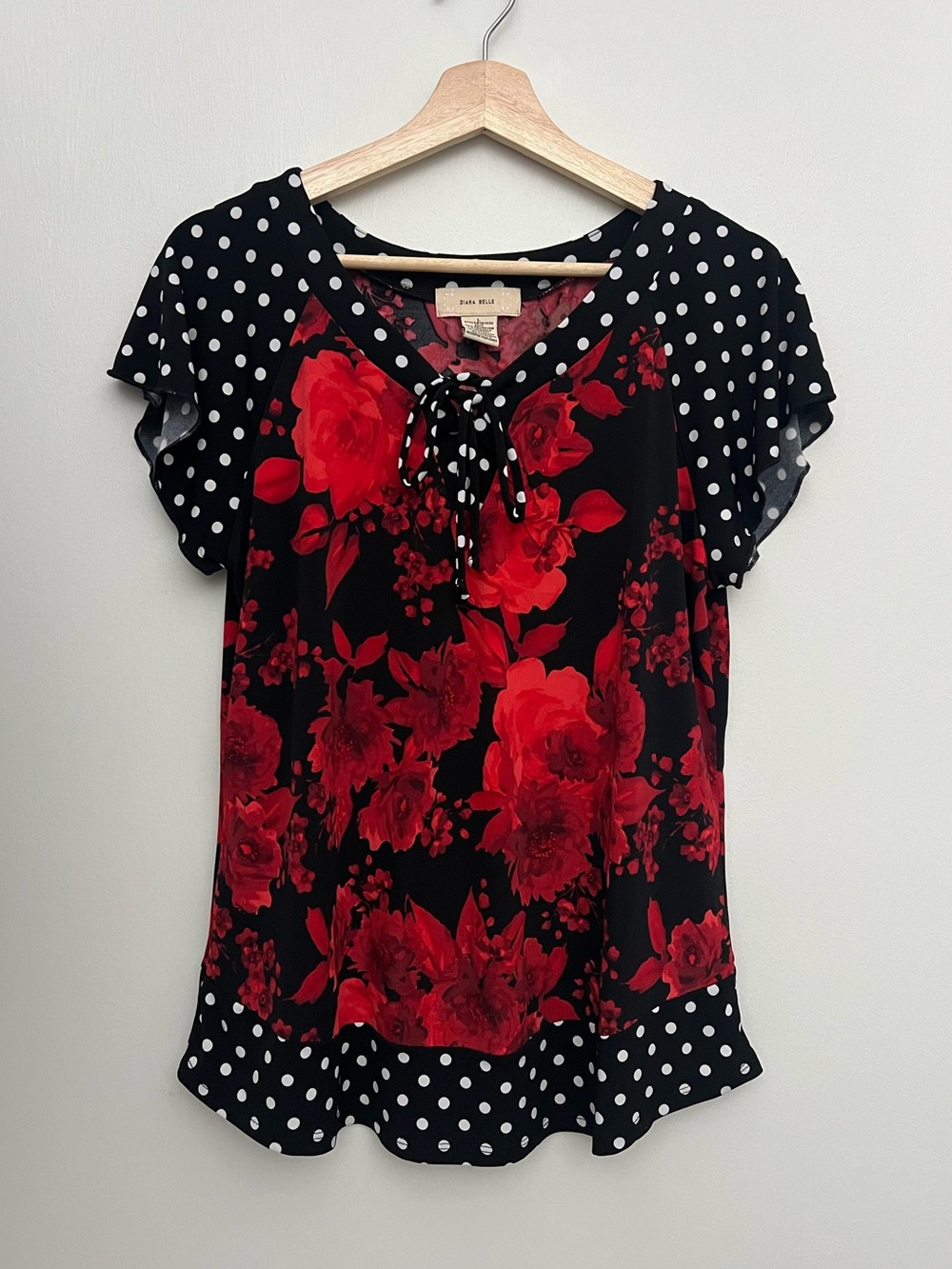 Diana Belle Rose Polka Dot Mixed Print Flutter Sleeve Tie Front Blouse